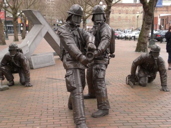 Fallen Fire Fighters memorial in Occidental Park in Seattle's Pioneer Square.