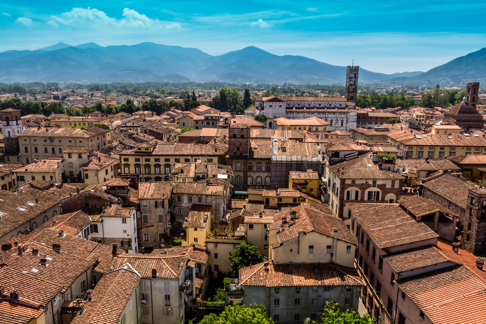a view of the red tiled rooftops of Lucca Italy